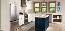 Load image into Gallery viewer, Navy, White and Natural Wood Aristokraft Cabinetry Kitchen